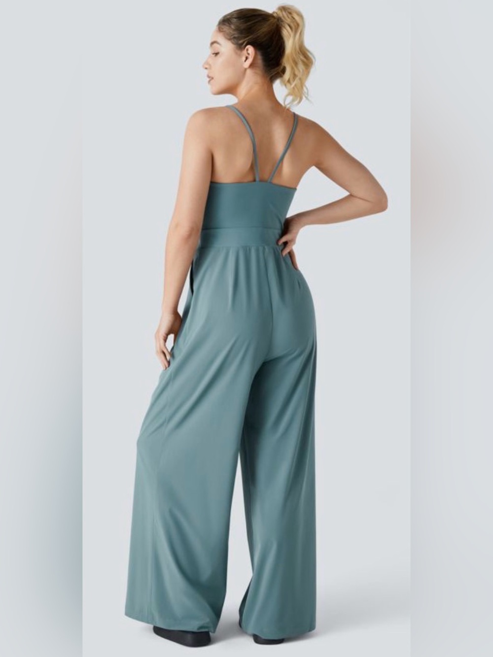 Halara Breezeful Wide Leg Jumpsuit L Blue Green 4-Way Stretch Pockets Coastal - Picture 2 of 11